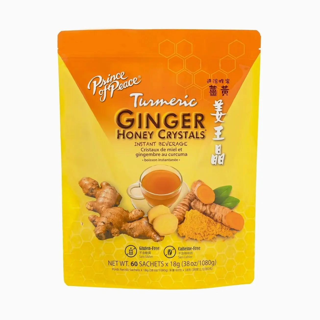 Prince of Peace Instant Ginger Honey Crystals with Turmeric, Value Pack 60 Sachets – Instant Hot or Cold Beverage Easy to Brew – Drink Like a Tea – Caffeine and Gluten Free – Real Ginger 38oz (1080g)undefined