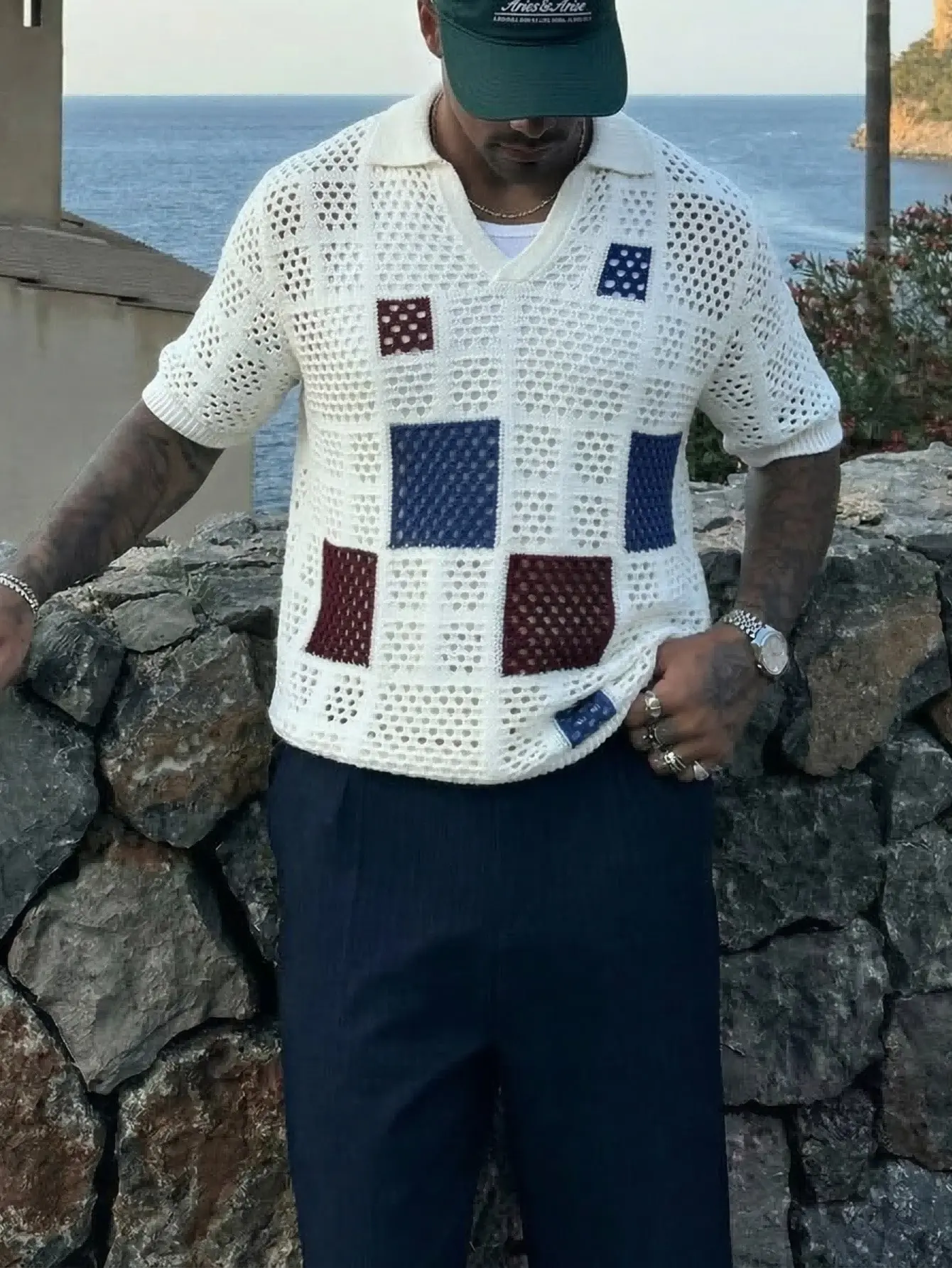ANDREILEE Mens Stretchy Breathable Cooling Well-Fitting Knits Polo Shirt - Spring/Summer Plaid Colorblock Retro Knit Top, Multi-Color Irregular Graphic, Mesh Cutout, V-Neck Short-Sleeve Casual Sporty Commuter Shirt, Stretchy Polo Shirts, Breathable Polo S