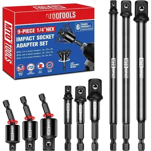 9 count  Drill Socket Adapter Set, Universal Joint Socket Adapter, 1/4" Hex Shank Drill Wrench Adapter, 1/4" 3/8" 1/2" Drive for for Automotive & DIY, 2.6" to 6" Length, CR-V Steel