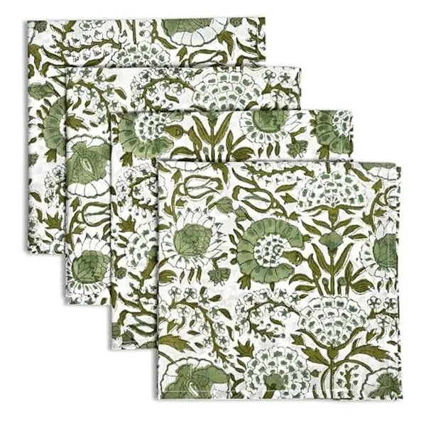 CPC Agate Green Indian Block Print Cotton Cloth Napkins Set of 4, 18x18 Reusable Everyday Napkins, Soft, Absorbent, Floral Dinner Napkin, Holiday, Party Gift, Spring,Mother's Day