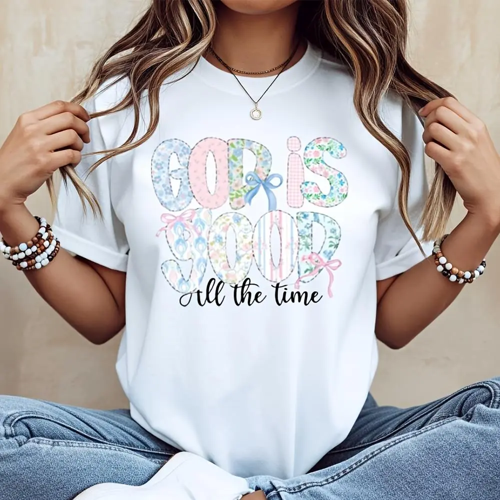 God Is Good All The Time Floral Bow Print, Neck Drop Shoulder T-Shirt, Christian Faith Religious Easter Gift, Church Worship Daily Wear