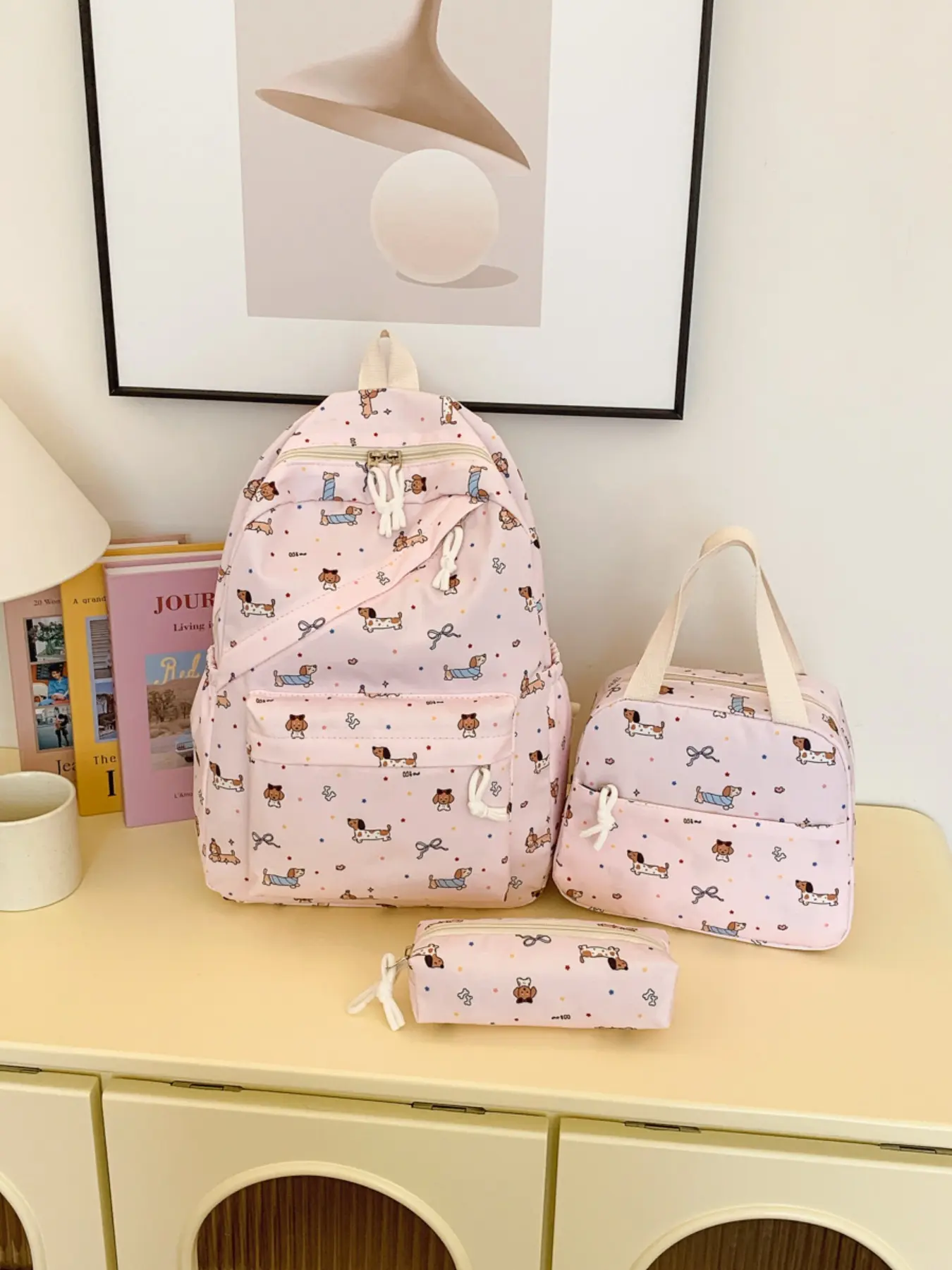 Soft and Cute Multicolor Dachshund Pattern Casual Printed Backpack Set Large Capacity Student Backpack for School Lunch Bag & Pencil Case Student Set School Backpacks