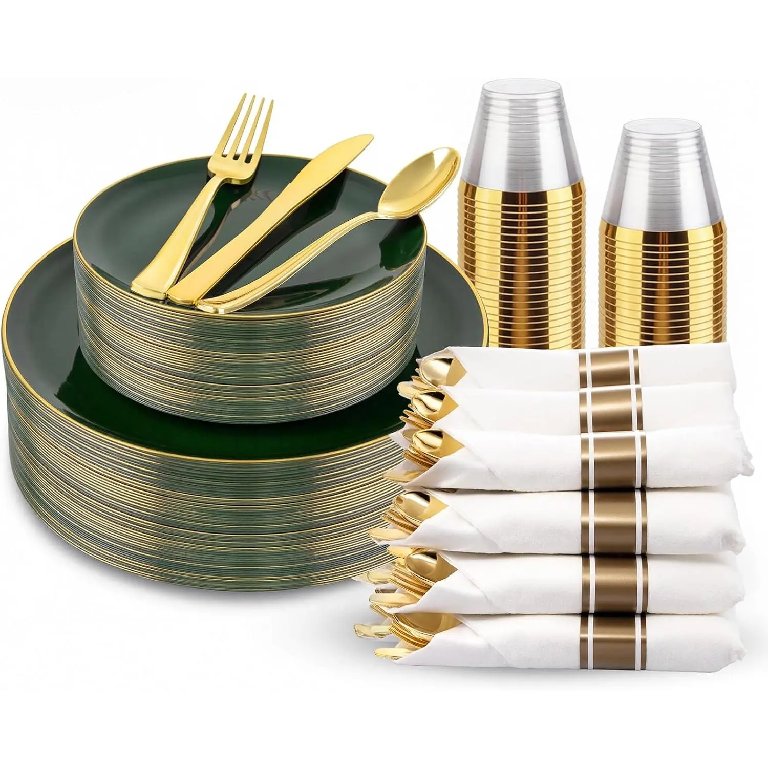 175 count Green Plastic Plates with  Rim - Heavy Duty Green Plates Disposable Include 50 Fancy Plastic Plate, 25Pre Rolled Napkins 25 Cups For Party/Wedding/Spring