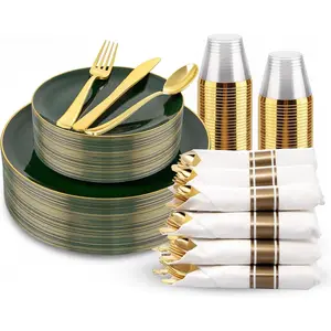 175 count Green Plastic Plates with  Rim - Heavy Duty Green Plates Disposable Include 50 Fancy Plastic Plate, 25Pre Rolled Napkins 25 Cups For Party/Wedding/Spring