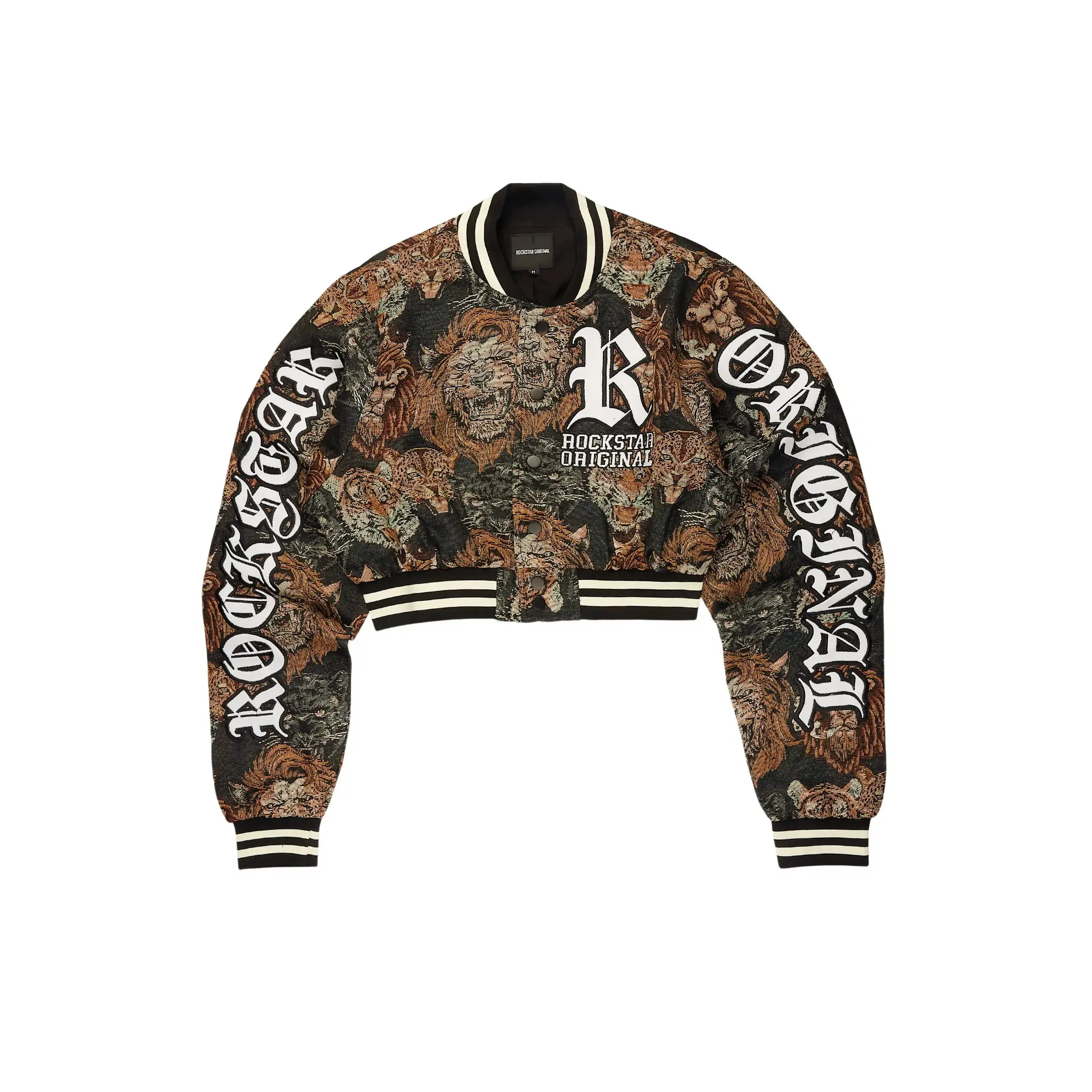 Khadiyah Black Crop Tapestry Varsity Jacket Khadiyah Black Crop Tapestry Varsity Jacket