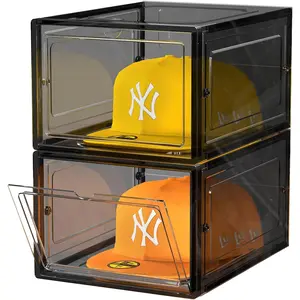 Hat Organizer Box, Stackable Clear Baseball Caps Holder Box Containers with Door for Hats Snapback Cap Storag, Hat Rack Display Case, Holds 8 Hats Each (Black, 2 Pack)