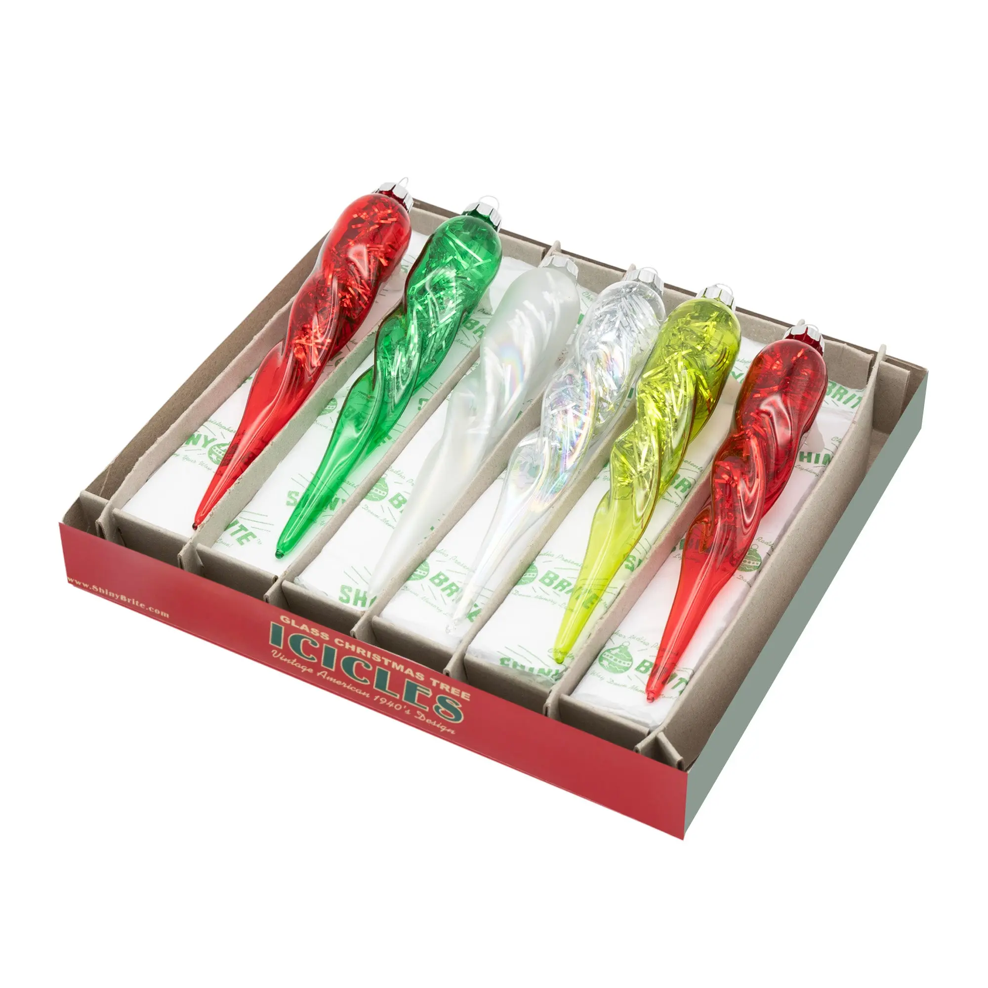 HOLIDAY SPLENDOR Shiny Light Glass Icicle Ornaments Set, 6-Count 5" Festive Home Decor
