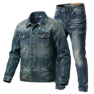 Men's Blue Denim Jacket & Jeans Matching Set, Vintage Streetwear Double Denim Outfit, Casual Regular Fit Mid-Wash Co-Ord, Trendy Spring Daily Wear, Comfortable Durable All-Denim Ensemble for Modern Men's Street Style