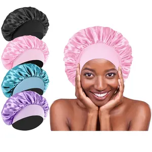 4 count Silk Satin Hair Bonnets for Sleeping - Elastic Wide Band Satin Hair Wrap for Sleeping Black Women Men,Silk Bonnets for Curly Hair(Black &  & Blue & Purple)
