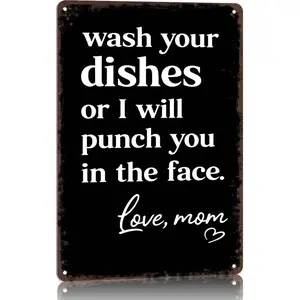 Funny 'Wash Your Dishes Or I'Ll Punch You In The Face' Metal Tin Sign 8"X12" - Waterproof, Weather-Resistant, Matte Finish, Perfect For Kitchen & Home Decoration, Cute Gift For Mom