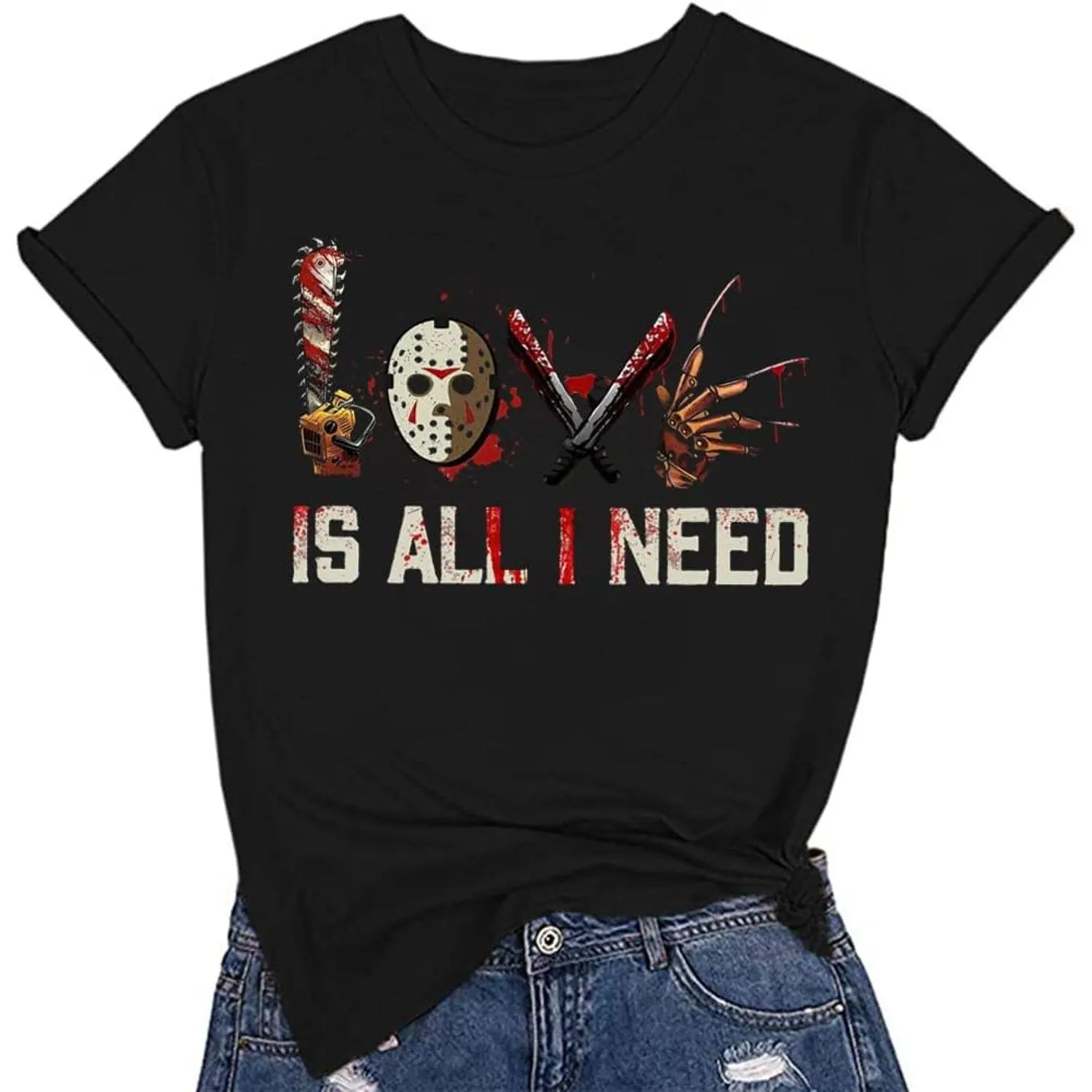 Men's Regular Fit Round Neck Short-Sleeve Graphic T-Shirt - Menswear, Halloween Squad Horror Movie Scary Print, Casual Comfortable Top