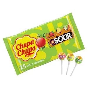 Chupa Chups SOUR Lollipops, Lemon, Strawbery, and Apple Flavored Individually Wrapped Sour Candy Suckers, Bag of 25