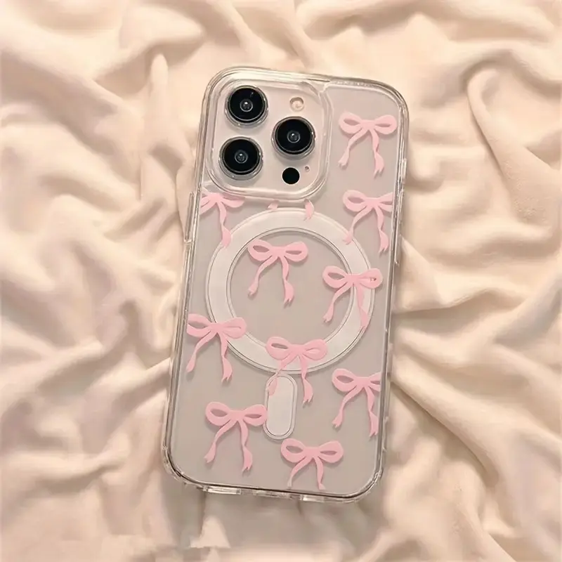 Transparent Acrylic Magnetic Wireless Charging iPhone Case with Pink-Blue Bow Pattern - Protective Cover for iPhone 17,16 ProMax,15,14 Plus,13,12,11 (Multi-Model, Magnetic Charge, Protection Feature), Transparent1