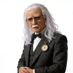 A comical old man mask, a realistic latex mask with a warm skin tone, deep wrinkles, a white mustache, long, fluffy silver hair, and wise, deep-set eyes. Ideal for Halloween cosplay and party decorations, suitable for a scholar-themed Halloween cosplay.