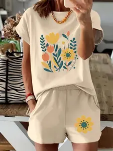 Spring Summer Floral Print Short Sleeve Set, Fresh Colorblock Flower Illustration Graphic, Casual Fitted Top, Women's Fashion Outfit Geometric Womenswear