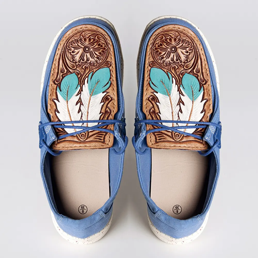 American Darling Hand tooled, carved genuine leather trim lightweight shoe footwear slip on| Tooled