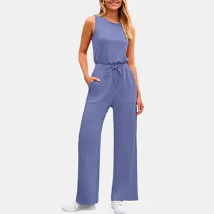 PRETTYGARDEN Women's Summer Outfit Casual Sleeveless Jumpsuit with Round Neck Wide Leg Adjustable Waist Tie & Pocket Detail Comfort Soft Romper - Womenswear