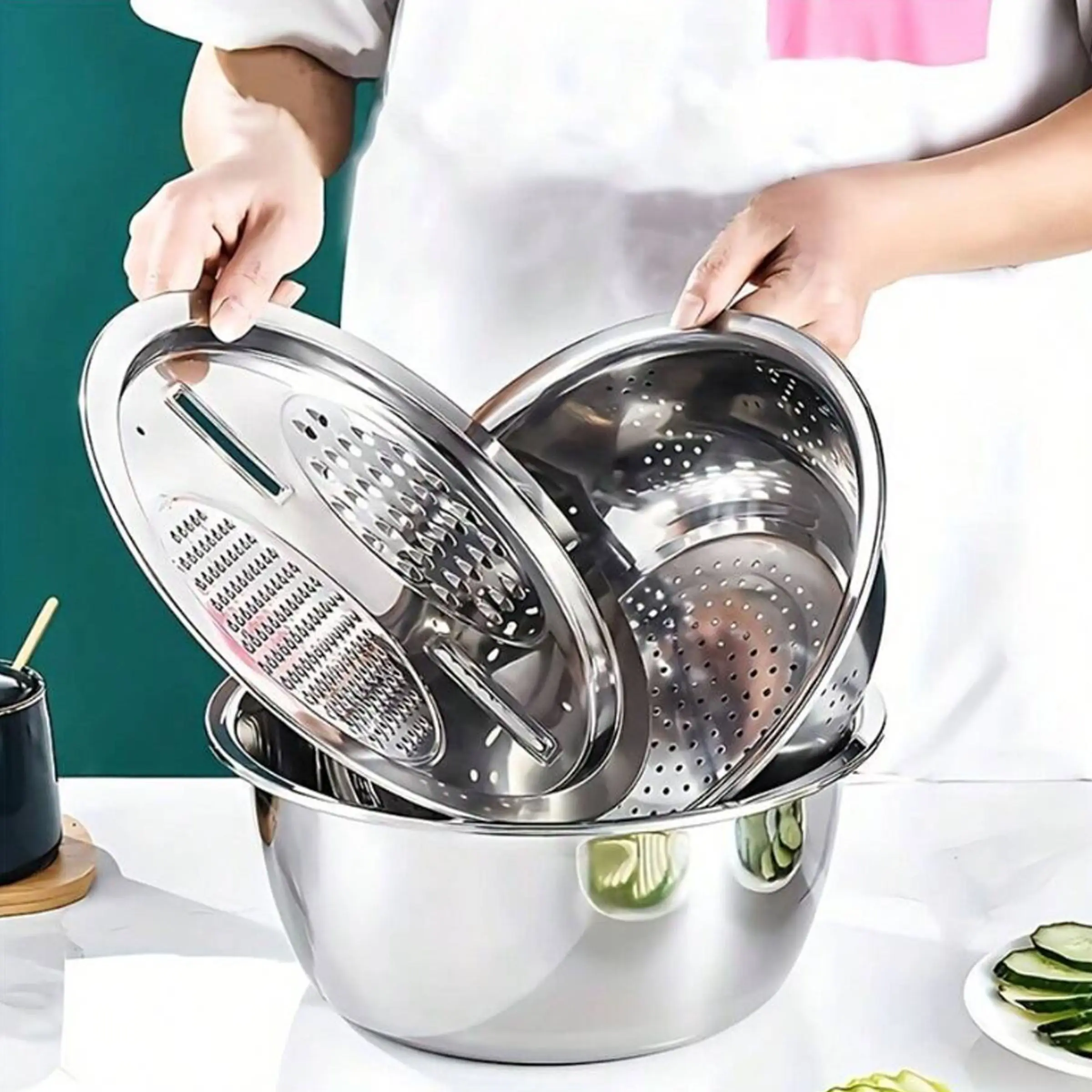 3-Piece Food-Safe Stainless Steel Kitchen Utensils Set: Integrated Grater, Strainer, and Mixing Bowl with Drainage System for Draining, Washing, Slicing Fruits, Vegetables, Food Colander Kitchenware, Kitchen Gadgets, Kitchen Cooking Accessories
