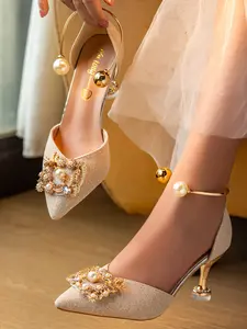 Women's Fine Heel French Knot Pearl Pattern Shoes, Sparkle Ankle Strap, Wedding Party Banquet Fashion Elegance