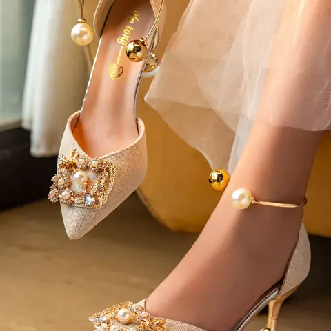 Women's Fine Heel French Knot Pearl Pattern Shoes, Sparkle Ankle Strap, Wedding Party Banquet Fashion Elegance, Ankle Strap Footwear