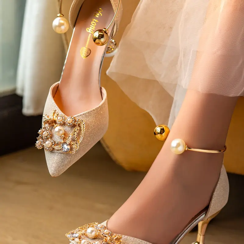 Women's Fine Heel French Knot Pearl Pattern Shoes, Sparkle Ankle Strap, Wedding Party Banquet Fashion Elegance, Ankle Strap Footwear