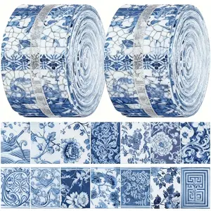 40 Pcs Chinoiserie Fabric Blue and White Jelly Fabric for Quilting Roll Porcelain Floral Quilting Strips 2.55 Inch Precut Patchwork for DIY Craft Sewing