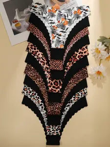 10 Pack Women's Floral & Solid Color Leopard Underwear, Sexy Simple Wave Hem Seamless Smooth Comfort Breathable Triangle Panties, Lady, Solid Seamless Panty