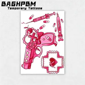 BAGHPBM Cute Pink Romantic and Playful Heart-Shaped Band-Aid and Pistol Set Tattoo Stickers