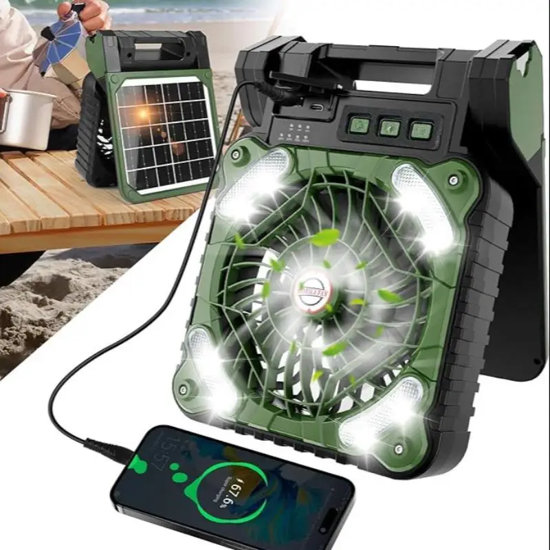 Portable Solar Powered Fan, Outdoor Camping Fishing Fan, USB Rechargeable Fan with LED Light, Cooling Fan, Portable Fan for Daily, Outdoor Camping Lig