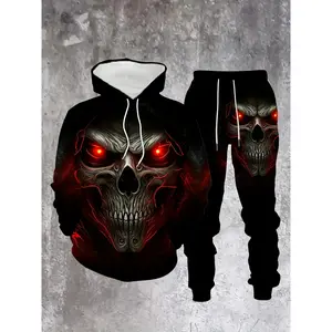 [Halloween Costume] Halloween Skull 3D Print Hoodie & Sweatpants Set - Men's Casual Pullover with Red Eyes & Bones Design, Drawstring Waist, Stretchy Fabric, Perfect for Outdoor Festivals & Casual Attire