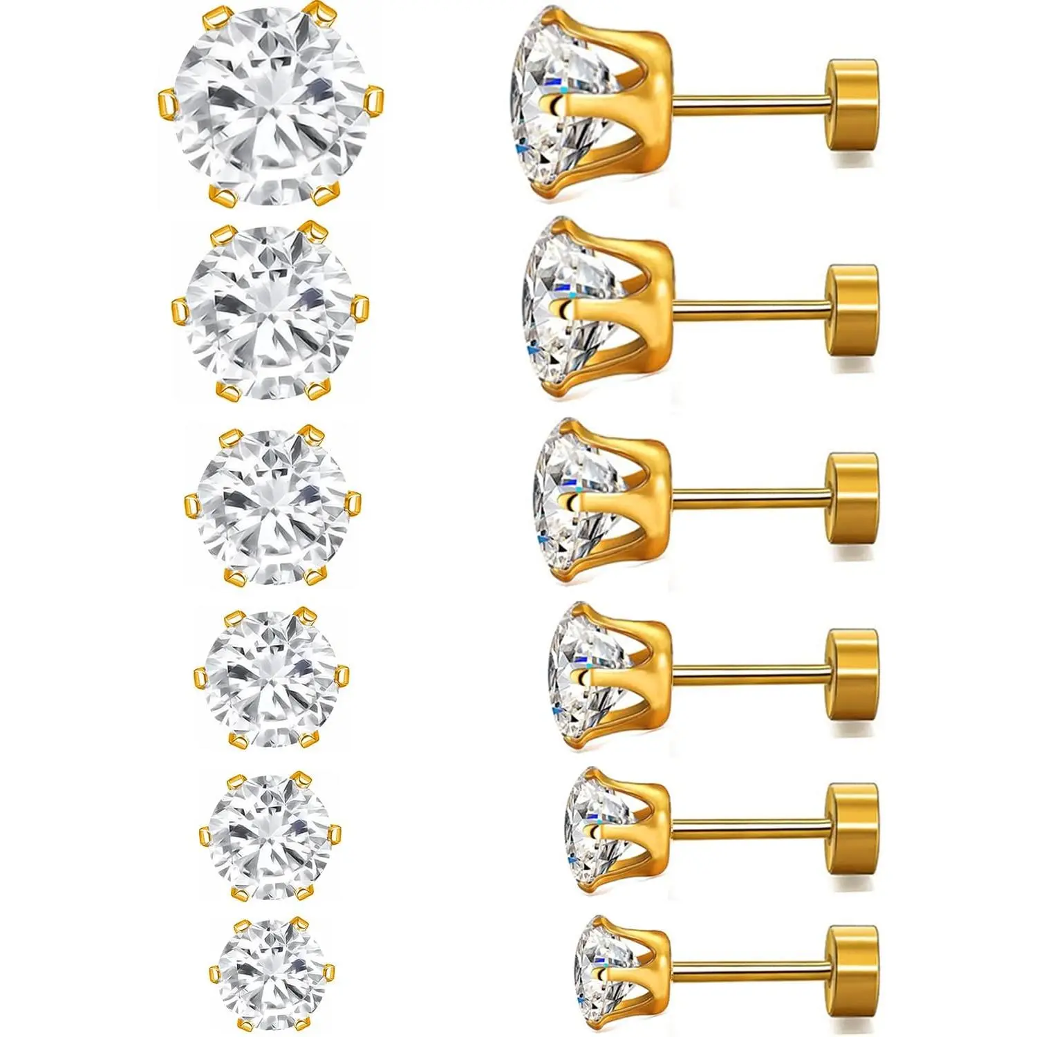 Cubic Zirconia Stainless Steel Screw Flat  Earring -  Stud Earrings for Women & Men - 316L Titanium CZ Stud Earrings for Nickel-Free, Trendy & Elegant