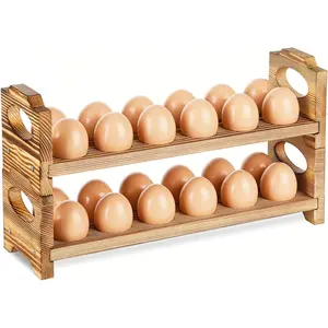 Wooden Egg Holder Countertop, Stackable Wooden Egg Storage & Organizer, 2-Tier /24-Hole Farmhouse Eggs Rack  with Handle for Fresh Eggs to Store Chicken/Duck/Quail/Turkey/Easter Egg