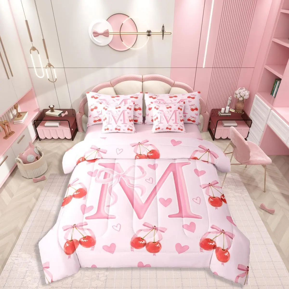 Feelyou Initial Letter M 7-Piece Monogrammed King Bedding Set - Kawaii Bow Princess-Style, Durable, Machine Washable, Includes Comforter, Sheets, Pillowcases, Shams, Cute Cherry Heart Bedroom Decor, Queen Option, Unique Bedding Sets