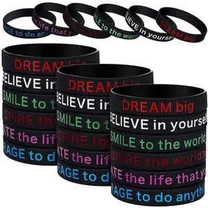 6PCS Inspirational Black Printed Silicone Sports Wristbands, Stackable Fashion Rubber Bracelets, Cheer Up Gifts for Daily Commute & Celebrations