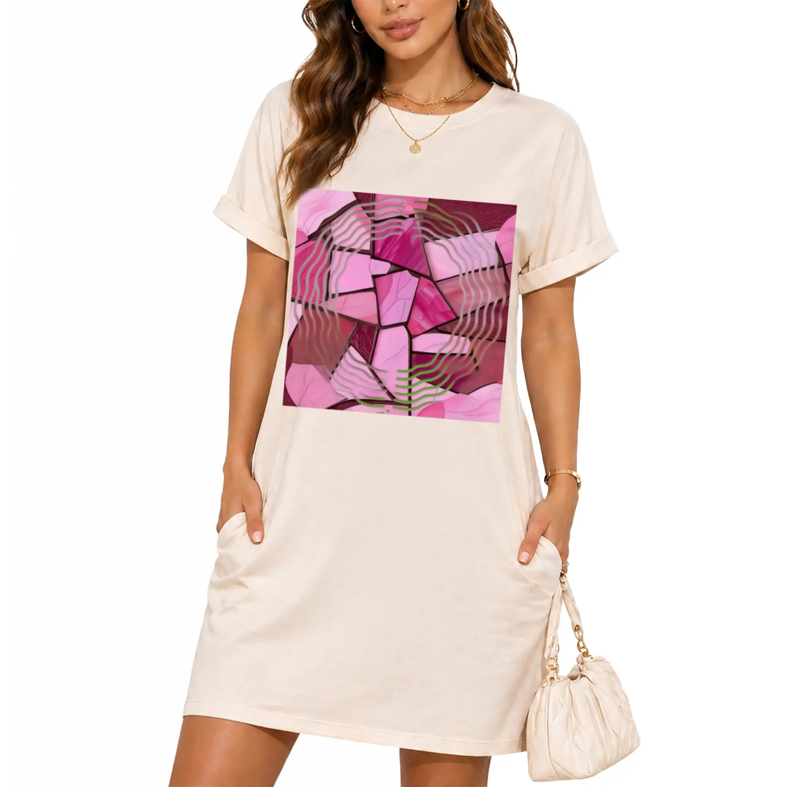 Women Casual T-Shirt Dress Pink Mosaic Geometric Print Short Sleeve Loose Mini Dress With Pockets