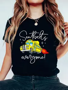 Seatbelts Everyone Funny Magic School Bus Driver Job Pride T-Shirt Print Cotton T-Shirt For Summer, Women's Soft Short Sleeve Top, Stylish Comfy Tee For Women Graphic Tees