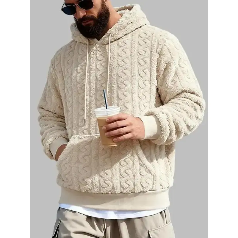 Men's Winter Fleece Hooded Sweatshirt, Teddy Velvet Trendy Fashion, Loose Fit Large Size, Polar Fleece Fabric, Casual Style