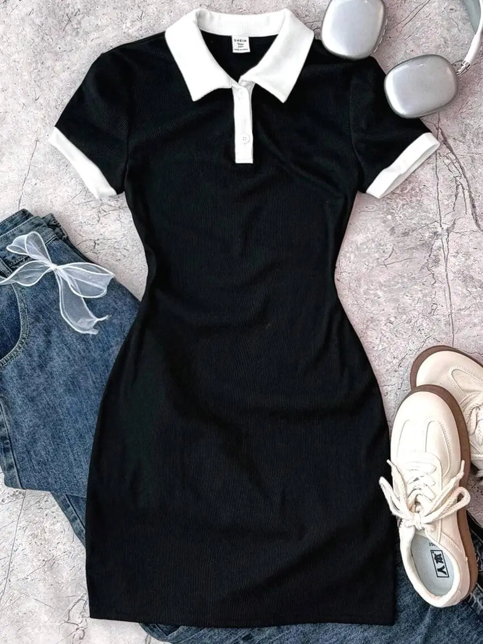 Ribbed Knit Polo Dress, Preppy Butterfly Embroidery Contrast Collar Dress for Teen Girls Back-to-School