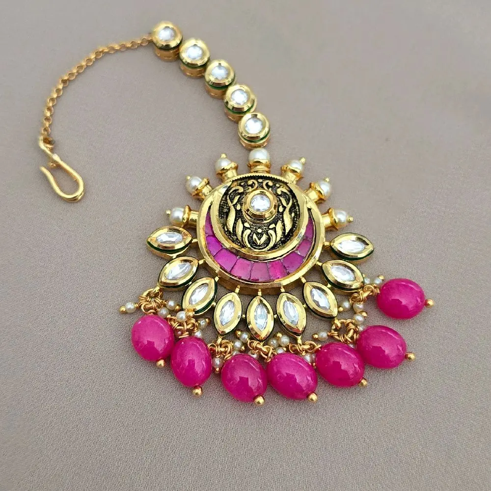 Women's Designer Golden Kundan Pink Maang Tikka Mata Pati, Female Forehead Hair Accessory Headpiece