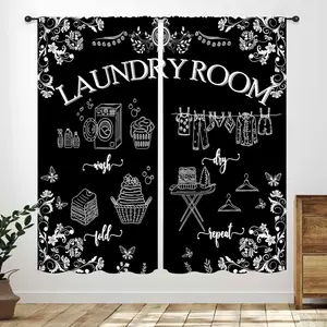 Laundry Room Curtains for Windows,Retro Farmhouse Black White Laundry Wash Dry Quotes Rural Country Laundry Drapes Treatments for Kitchen Bathroom Windows 42" W x 63" L,2 Panel Set