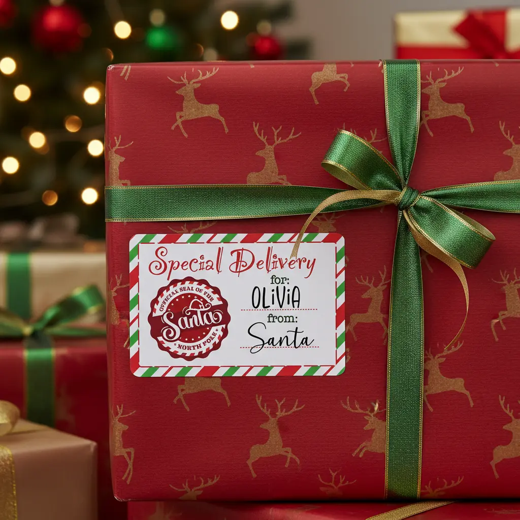 Custom Christmas Gift Label From Santa Personalized Stickers Sheet of 18 Special Delivery Glossy White 2.5 x 1.5 inches
