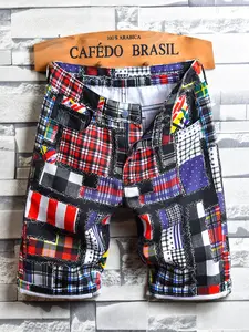 Vintage Patchwork Plaid Men's Shorts, Checkerboard Pattern Denim Short Pants, Head Style Summer, Trendy Casual Wear