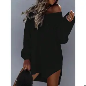 Shoulder Dressoff Loose Neck - Solid s Women ChicEase tiktok Fashionable Color V Sweater Black Dresswomen Dressoversized Dress