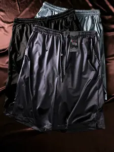 3 pcs BIWEIER light luxury satin flat-cut Arro pants, ice-silk cool breathable satin pajara pants, drawstring pocket shorts, smooth and comfortable, suitable for home and vacation wear, men's wardrobe gift for boys, Silky Fitted Sleep Shorts