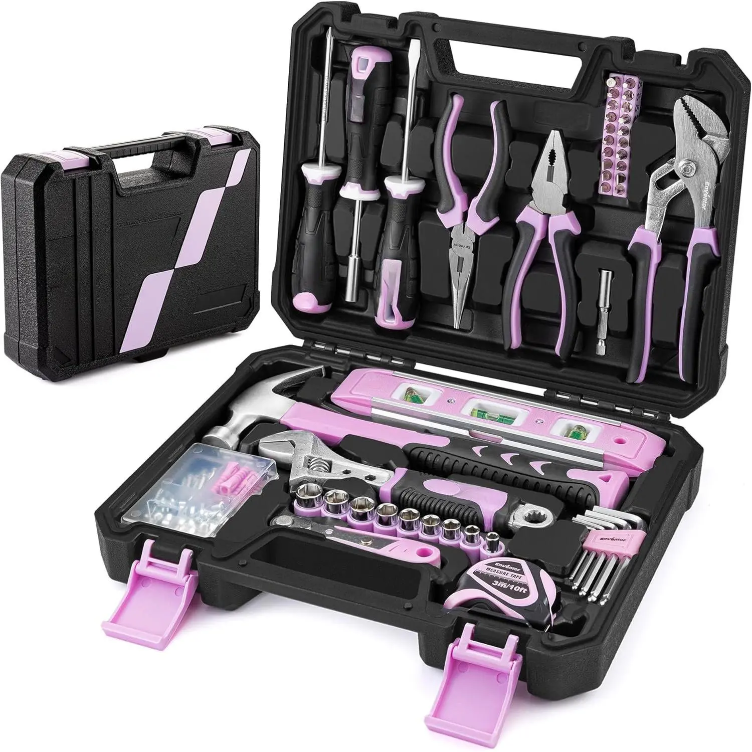 Pink Tool Kit Set for Women, 146 count General Household Hand Tool Kit with Storage Toolbox, Ladies Small Basic Tool Kits for Home Maintenance, DIY Projects