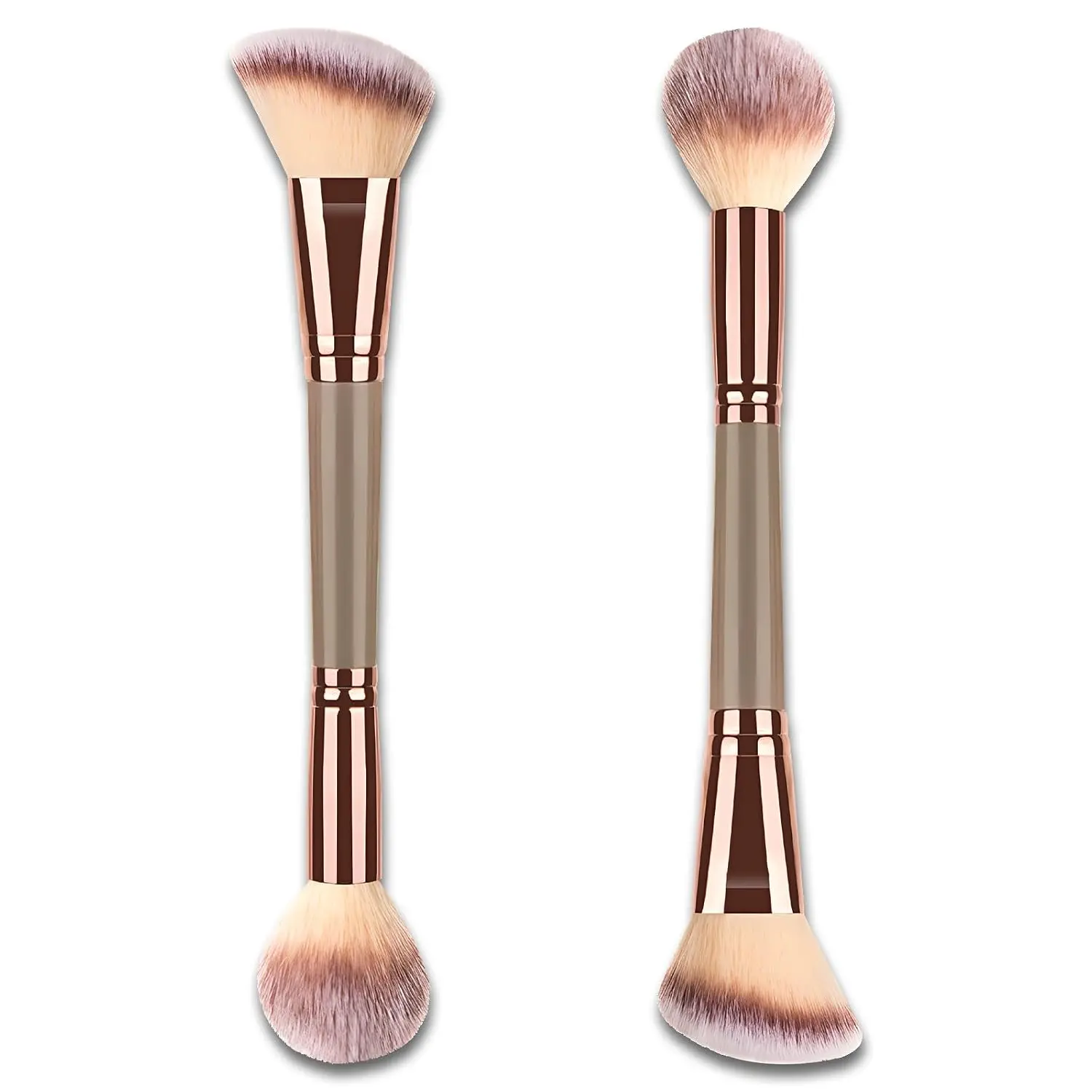 Double-Ended Foundation Makeup Brush for Liquid, Powder & Cream, Angled & Round Top Kabuki Face Blending Brush, Soft Makeup Applicator, Brown & Champagne Gold