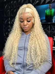 613 Blonde Deep Curly Wig Blonde Lace Front Wig 13x4 HD Transparent Lace Frontal Wig Soft Long Curly Wig Fluffy Wavy Wig Heat Resistant Synthetic Wig Music Festival Look Curly Wig for Women Daily Wear Party Dating 28 Inch