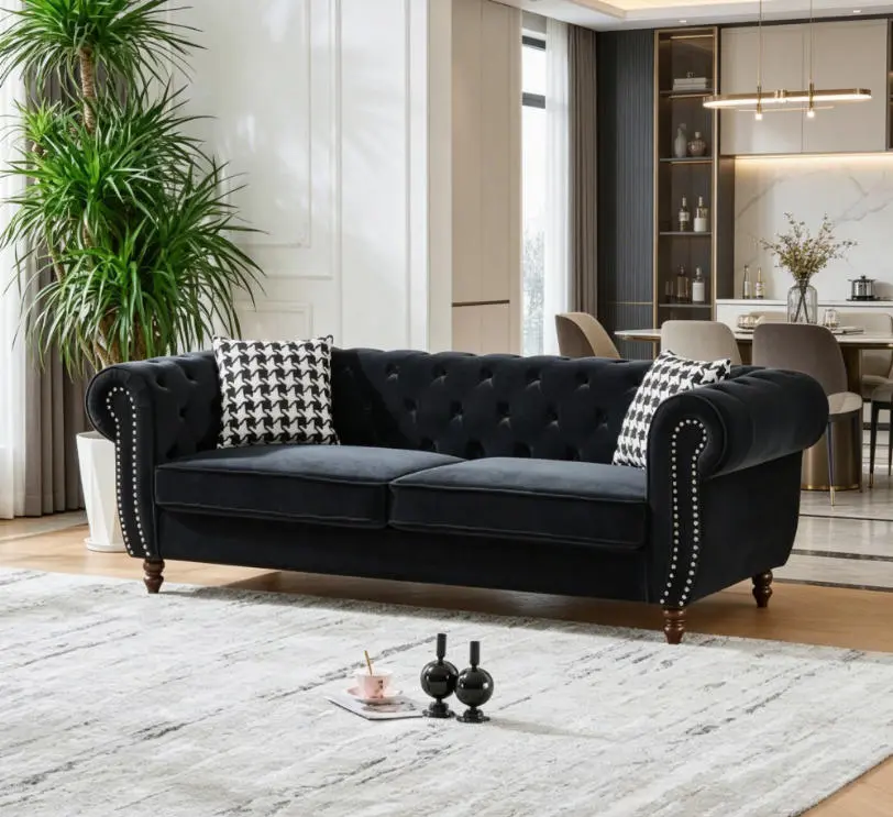 87" Chesterfield Velvet Upholstered 3-Seater Sofa, Mid-Century Modern Couch with Roll Armrests & Nailhead Trim for Living Room, Office