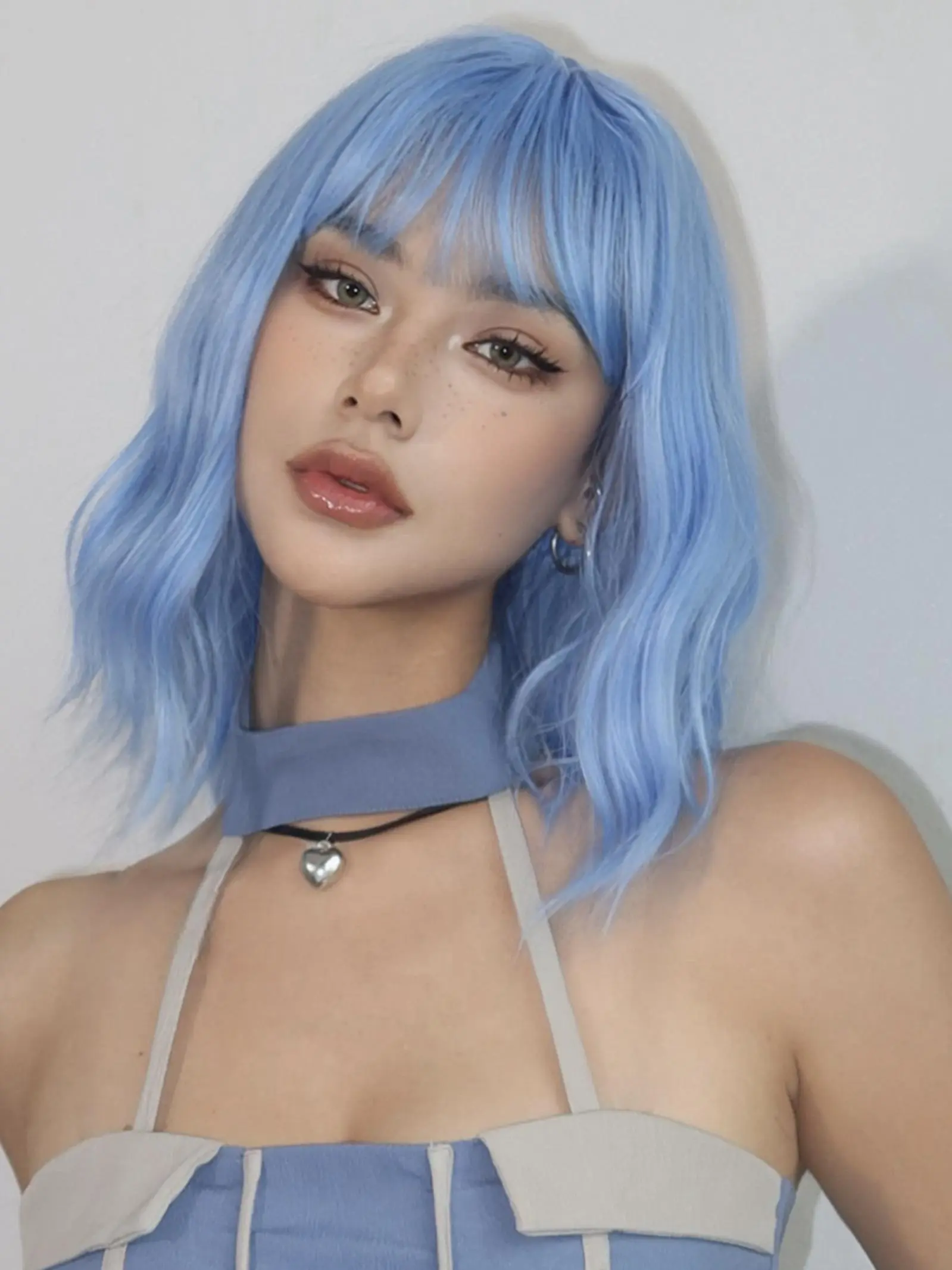 14 Inch Blue Short Curly Wigs for Women, Gorgeous Fluffy Wigs with Bangs, Synthetic Full Machine Wigs for Party, Daily Use, Synthetic Fiber Wigs, Synthetic Material Wigs