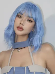 14 Inch Blue Short Curly Wigs for Women, Gorgeous Fluffy Wigs with Bangs, Synthetic Full Machine Wigs for Party, Daily Use